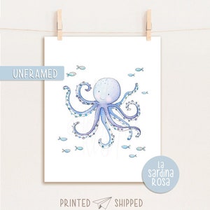 Ocean nursery wall art, Sea life print, Octopus, Nautical Baby room decor, Under the sea animal, Watercolor sea print image 4