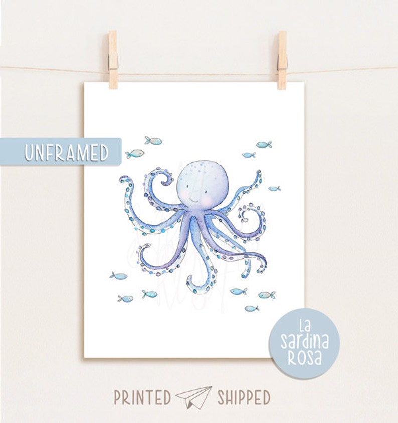 Ocean nursery wall art, Sea life print, Octopus, Nautical Baby room decor, Under the sea animal, Watercolor sea print image 4