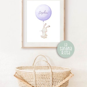 Custom baby name print, Baby girl nursery wall art, Bunny balloons nursery, Personalized baby gift, Pink nursery decor image 4