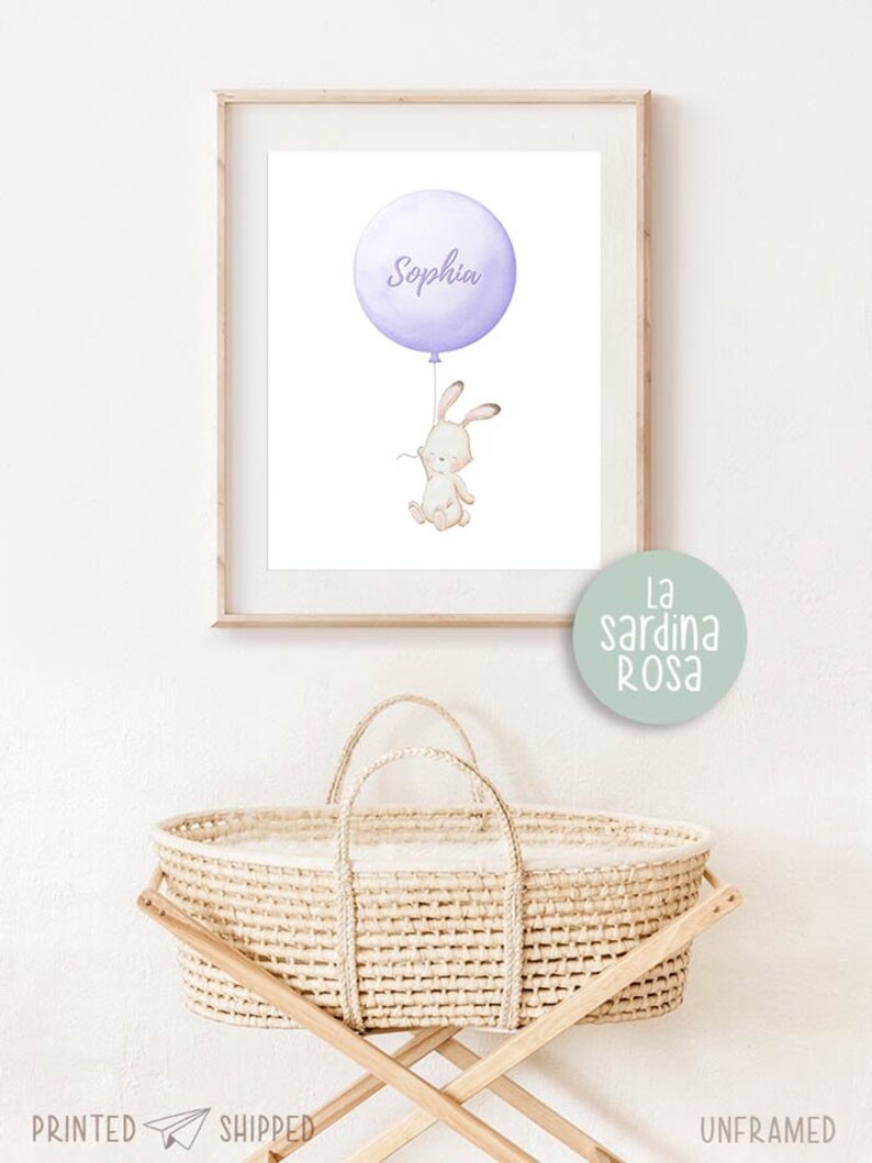 Custom baby name print, Baby girl nursery wall art, Bunny balloons nursery, Personalized baby gift, Pink nursery decor image 4