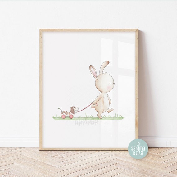 Baby bunny nursery wall art, Baby room print, Whimsical Rabbit poster, Watercolor woodland nursery decor, Toddler playroom art