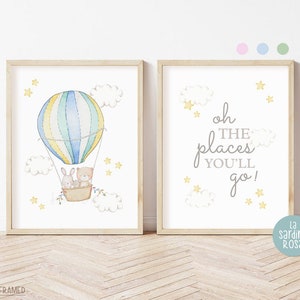 Oh the places Hot air balloon print set, Woodland animals, Boys nursery wall art, Baby room print, Kids playroom, Travel adventure theme,