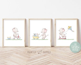 Baby elephant wall art, Nursery print set, Kids playroom decor, Watercolor elephant, Baby room wall art