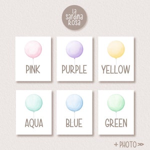 May include: Six printable cards with watercolor illustrations of balloons in different colors. The colors are pink, purple, yellow, aqua, blue, and green. Each card has the color name printed below the balloon.