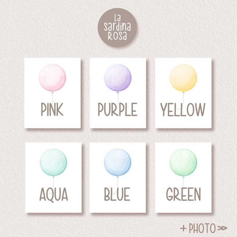 May include: Six printable cards with watercolor illustrations of balloons in different colors. The colors are pink, purple, yellow, aqua, blue, and green. Each card has the color name printed below the balloon.