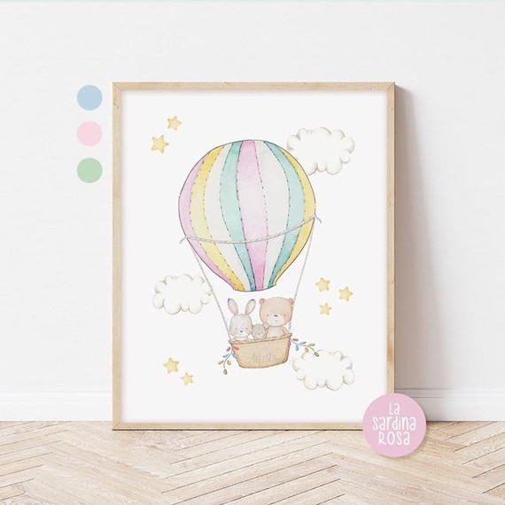 Baby girl nursery wall art, Woodland nursery decor, Hot air balloon, Pink nursery art, Kids room print 3COLORS
