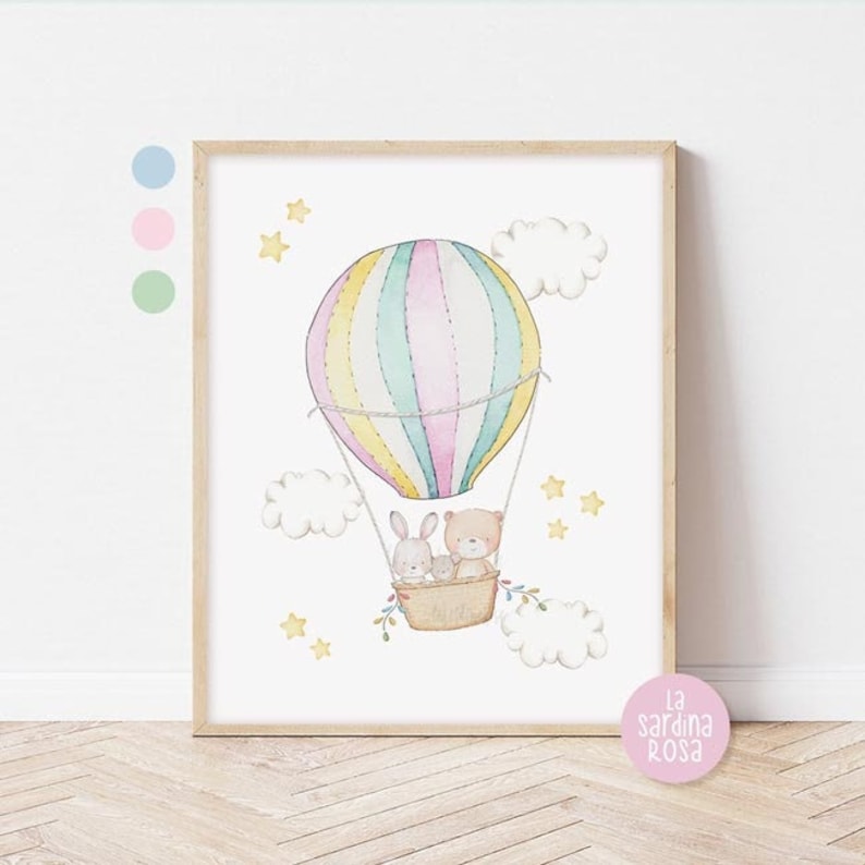 May include: A watercolor illustration of a hot air balloon with a teddy bear and a bunny rabbit inside. The balloon is pink, yellow, and blue with white stripes. The background is white with yellow stars and white clouds.