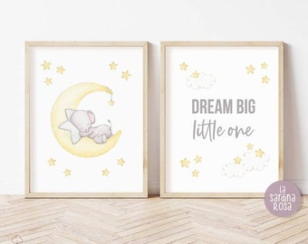 Sueña en grande, pequeño/a, arte de pared para habitación infantil con elefante bebé, decoración de luna y estrellas, póster imprimible para habitación infantil unisex.