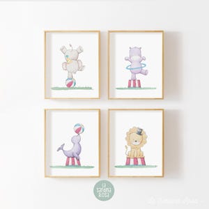 Set of 4 Circus Animals Nursery Wall Art, Kids Room Print Set, Gender ...