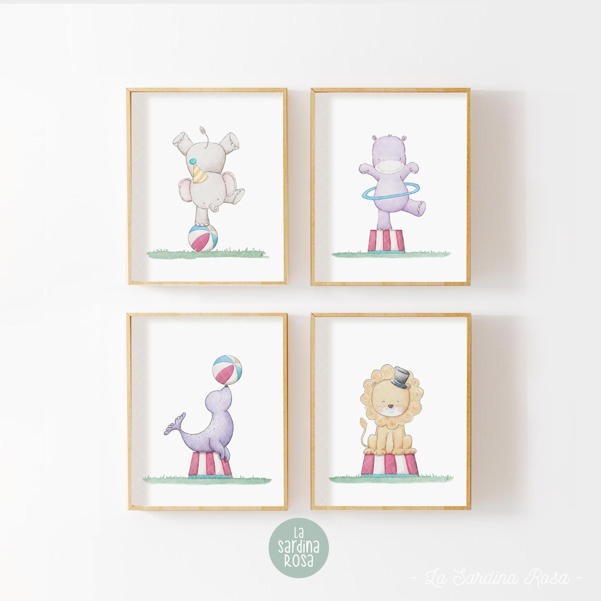 Set of 4 Circus Animals Nursery Wall Art, Kids Room Print Set, Gender ...
