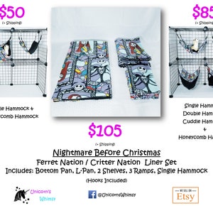 May include: A black wire cage with hammocks and bedding featuring a "Nightmare Before Christmas" theme. The set includes a bottom pan, shelves, ramps, and a single hammock. The text reads "Ferret Nation / Critter Nation Liner Set".