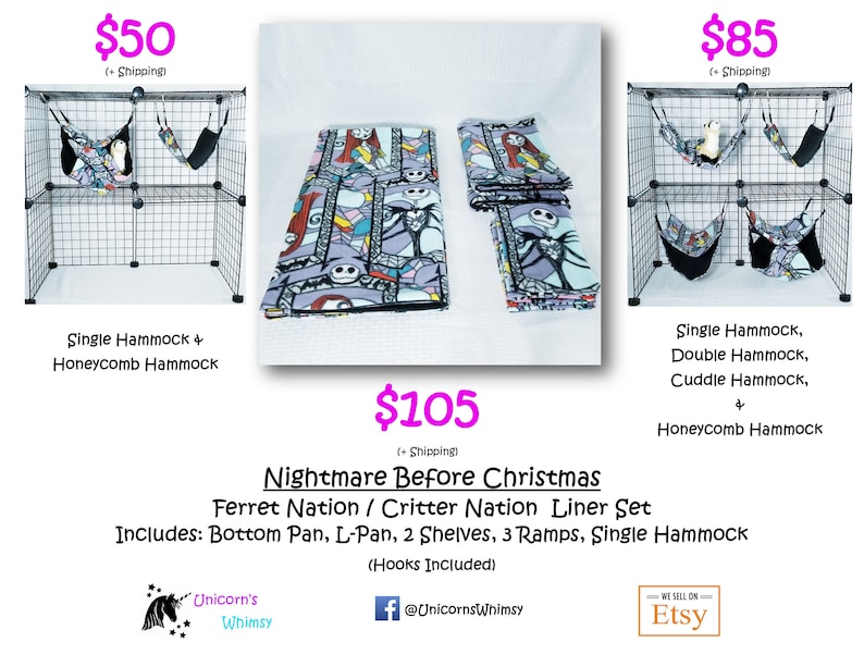 May include: A black wire cage with hammocks and bedding featuring a "Nightmare Before Christmas" theme. The set includes a bottom pan, shelves, ramps, and a single hammock. The text reads "Ferret Nation / Critter Nation Liner Set".
