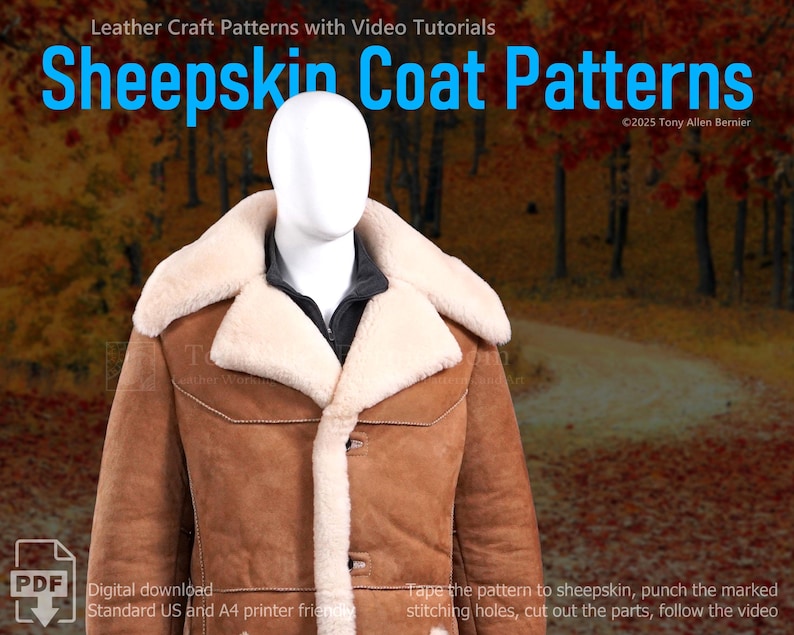 May include: A brown sheepskin coat with a cream-colored shearling collar and lining. The coat is buttoned up and displayed on a mannequin. The text "Sheepskin Coat Patterns" is visible in the image.