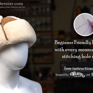 May include: A white and brown faux fur trapper hat with ear flaps. The hat is on a white mannequin head. The image includes a pattern for the hat with stitching holes marked. The text on the image reads "Beginner Friendly DIY Pattern with every measurement and stitching hole marked free instructional video. Sponsored by WEAVER and LEATHER CRAFTERS &copy;2023 Tony Allen Bernier."