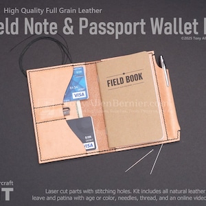 May include: Open, natural-toned leather Field Note & Passport Wallet Kit. The kit includes a field book, card slots with Visa cards, and a pen holder. The text "Field Note & Passport Wallet Kit" is displayed at the top.