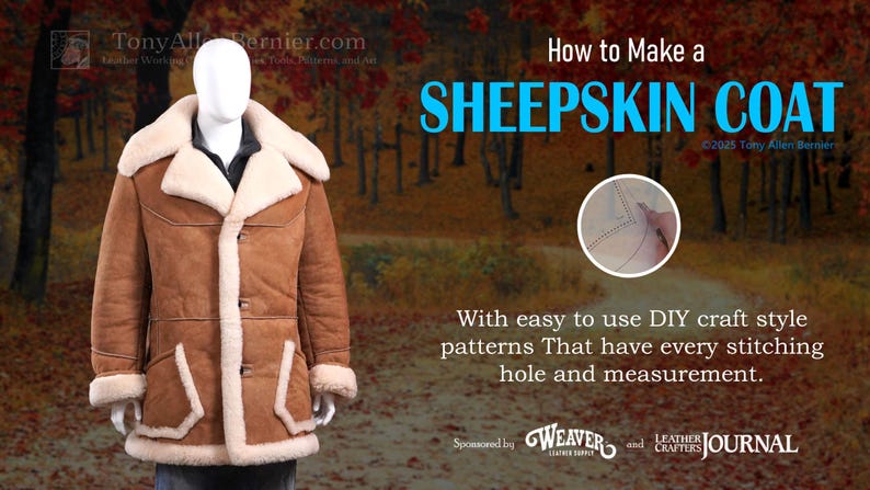 May include: A brown sheepskin coat with a cream-colored shearling lining and trim is displayed on a mannequin. The coat has a classic design with a button closure and pockets. Text on the image reads "How to Make a SHEEPSKIN COAT".