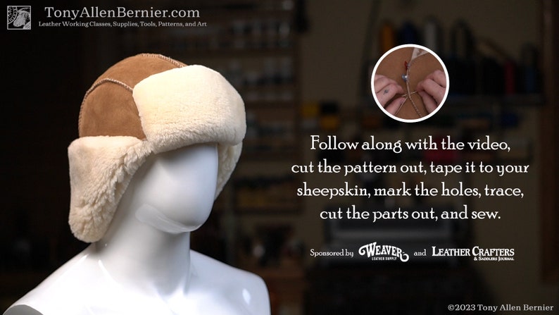 May include: A brown and white sheepskin trapper hat with ear flaps. The hat is on a white mannequin head. The image includes the text "Follow along with the video, cut the pattern out, tape it to your sheepskin, mark the holes, trace, cut the parts out, and sew."