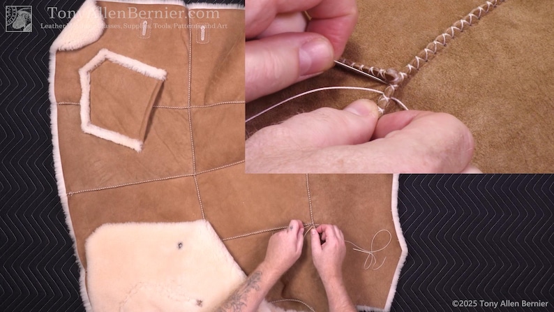 May include: A close-up of a brown leather garment with white stitching and a white fleece lining. The image shows the process of hand-sewing the garment. The garment has a pocket and is made of several pieces of leather.
