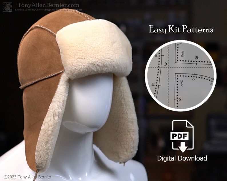 May include: A brown sheepskin trapper hat with a white fur lining. The hat is on a white mannequin head. The image also shows a close-up of a pattern for the hat, and the text "Easy Kit Patterns".