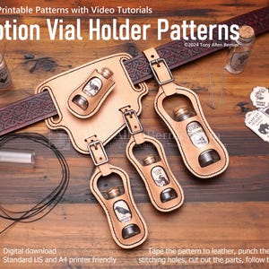 Leather Potion Vial holder Patterns. Printable DIY leathercrafting patterns for Vial Holders that attach to your belt.