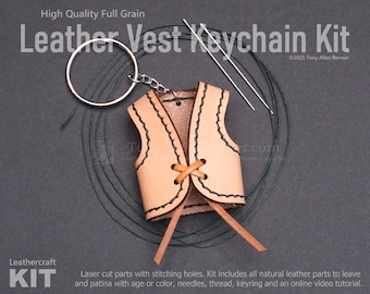 Biker Vest Keychain Leather Craft KIT. DIY Leather Crafting KIT and Video for a Mini Vest Key Fob . Comes with Everything needed to make it.
