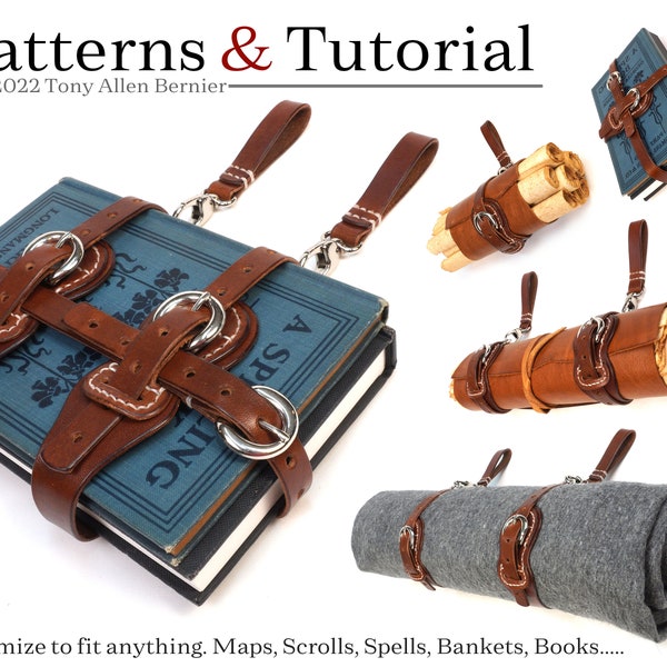 Leather book holder patterns that also hold Scrolls, Spells, Maps, and Blankets. Easy leather patterns that will fit just about anything!