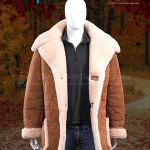 May include: A brown sheepskin coat with a cream-colored shearling lining and trim is displayed on a mannequin. The coat has a classic design with large lapels and button closures. The image includes text that reads "Sheepskin Coat Patterns."