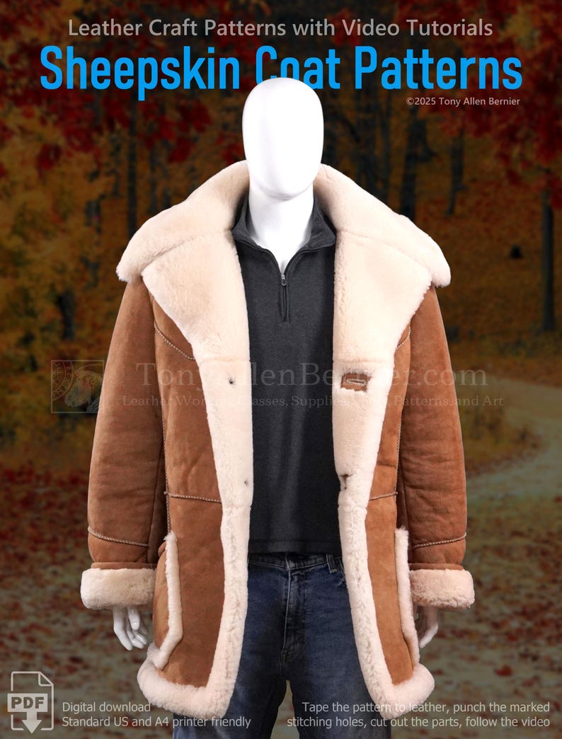 May include: A brown sheepskin coat with a cream-colored shearling lining and trim is displayed on a mannequin. The coat has a classic design with large lapels and button closures. The image includes text that reads "Sheepskin Coat Patterns."