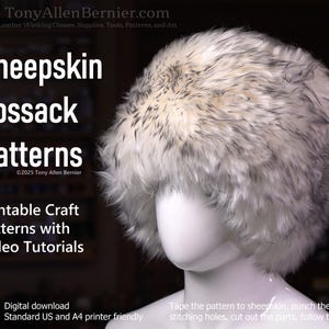 Könnte beinhalten: Ein weißer Kosakenhut aus Schaffell mit schwarzem Pelzbesatz. Der Hut sitzt auf einem weißen Mannequin-Kopf. Das Bild enthält den Text "Sheepskin Cossack Patterns" und "Printable Craft Patterns with Video Tutorials".