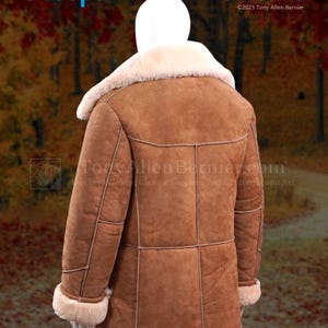 May include: A brown sheepskin coat pattern with a cream-colored shearling collar and cuffs. The coat has visible stitching and is designed for leather crafting. Text on the image reads "Sheepskin Coat Patterns" and "Tony Allen Bernier".
