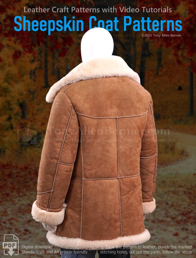 May include: A brown sheepskin coat pattern with a cream-colored shearling collar and cuffs. The coat has visible stitching and is designed for leather crafting. Text on the image reads "Sheepskin Coat Patterns" and "Tony Allen Bernier".