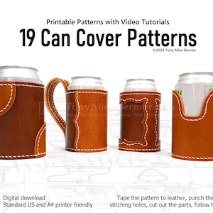 Leather Can Cover Patterns with optional handles. DIY Designer Leather Can Cooler Pattern Set and Video Tutorial.