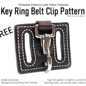 May include: A free printable pattern for a brown leather key ring belt clip. The pattern includes stitching holes and instructions to follow a video tutorial. The pattern is available as a digital download in standard US and A4 sizes.