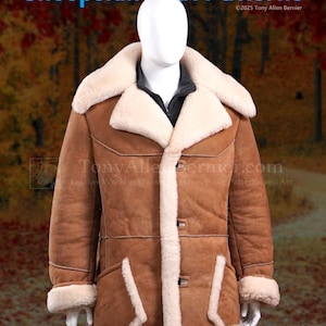 May include: A brown sheepskin coat with cream-colored shearling trim and lining is displayed on a mannequin. The coat features a wide collar, large pockets, and button closures. Text on the image reads "Sheepskin Coat Patterns" and "Leather Craft Patterns with Video Tutorials".