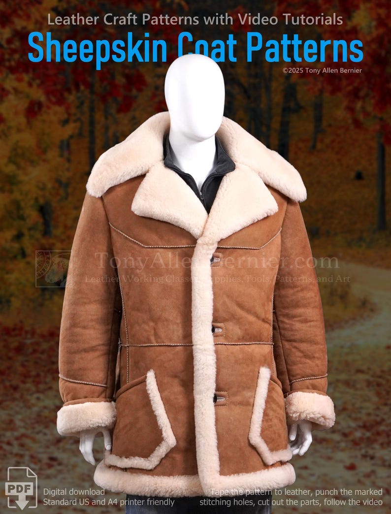 May include: A brown sheepskin coat with cream-colored shearling trim and lining is displayed on a mannequin. The coat features a wide collar, large pockets, and button closures. Text on the image reads "Sheepskin Coat Patterns" and "Leather Craft Patterns with Video Tutorials".