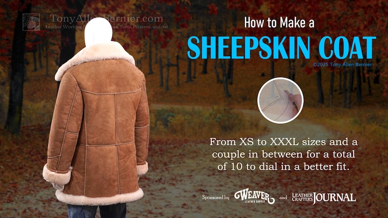 May include: A brown sheepskin coat with a cream-colored shearling collar and cuffs. The coat is displayed on a mannequin. Text on the image reads "How to Make a SHEEPSKIN COAT" and "From XS to XXXL sizes".
