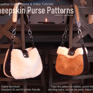 May include: Two sheepskin purse patterns, one white and one tan, with dark brown leather accents. The purses have fluffy sheepskin trim and long straps. The image includes text that says "Sheepskin Purse Patterns".
