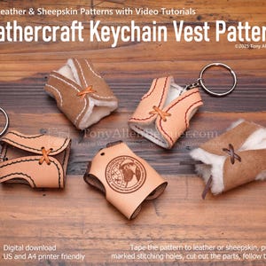 以下が含まれることがあります： さまざまな色とスタイルの革細工キーホルダーベストパターンのコレクション。ベストは革とシープスキンで作られており、ステッチやレースなどのディテールがあります。画像には「Leathercraft Keychain Vest Patterns」と「Digital download」というテキストが含まれています。