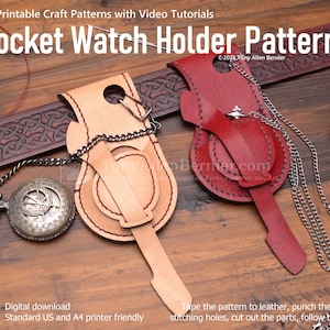 Könnte beinhalten: Zwei Leder-Taschenuhrhalter-Muster in Beige und Rot, mit angebrachten Ketten. Der beige Halter hat eine Taschenuhr mit Kompass-Design. Das Bild enthält Text: "Pocket Watch Holder Patterns" und "Digital download".