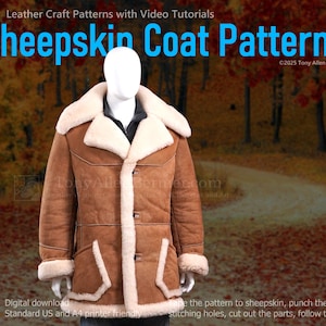 Może przedstawiać: Brązowy kożuch z kremową podszewką i wykończeniem z owczej wełny, prezentowany na manekinie. Obraz zawiera tekst "Sheepskin Coat Patterns" i "Digital download".