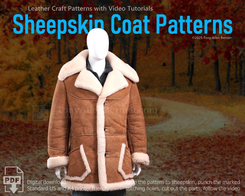 May include: A brown sheepskin coat displayed on a mannequin. The coat features a cream-colored shearling lining and trim, with large lapels and pockets. Text on the image reads "Sheepskin Coat Patterns" and "Digital download".