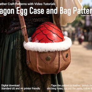 Könnte beinhalten: Eine braune Ledertasche mit weißem Kunstfellbesatz, die ein rotes Drachenei mit Schuppenstruktur enthält. Die Tasche hat einen langen Schulterriemen und Metallknöpfe. Text: Leather Craft Patterns with Video Tutorials Dragon Egg Case and Bag Patterns.