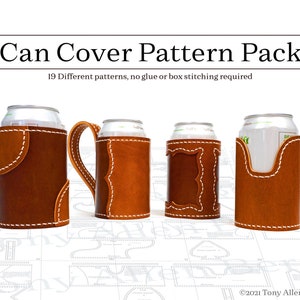 Leather Can Cover Pattern Pack, 19 verschillende leerpatronen met optionele handvatten. Designer lederen blikkoeler patroonset. afbeelding 1