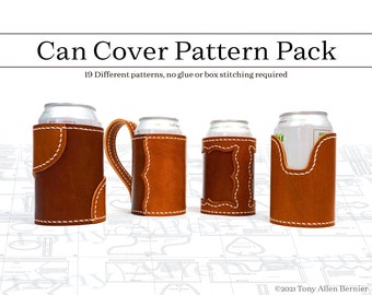 Leather Can Cover Pattern Pack, 19 different leather patterns with optional handles. Designer leather can cooler pattern set.