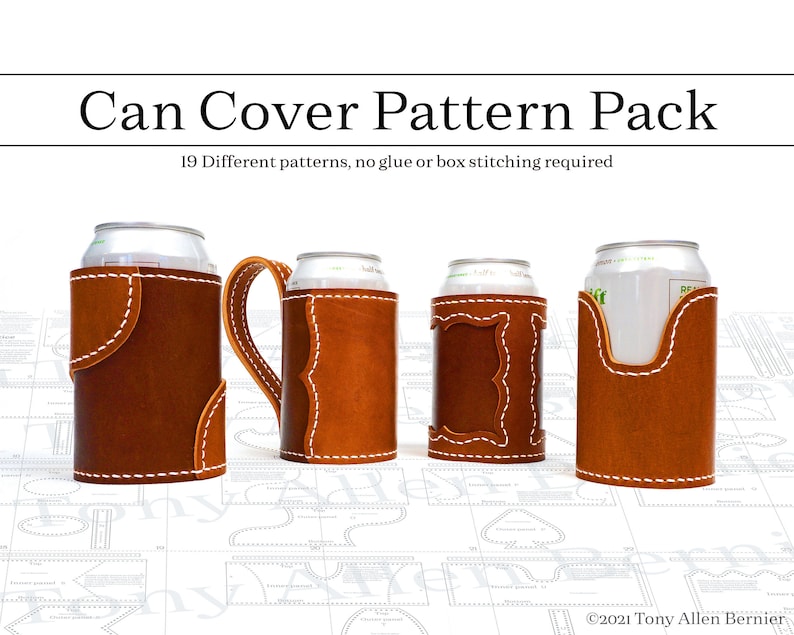 Leather Can Cover Pattern Pack, 19 verschillende leerpatronen met optionele handvatten. Designer lederen blikkoeler patroonset. afbeelding 1