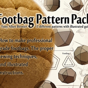 Footbag Patterns for 13 different style and panel designs with step by step instructions and Video Tutorial.