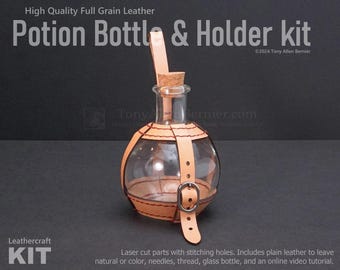 Potion Bottle and Leather Holder KIT. DIY Leather Craft KIT with premade parts, needles, and thread.