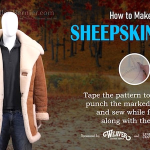 May include: A brown sheepskin coat with a cream-colored shearling lining and trim is displayed on a mannequin. The coat has a classic design with a wide collar and large pockets. Text on the image reads "How to Make a SHEEPSKIN COAT".