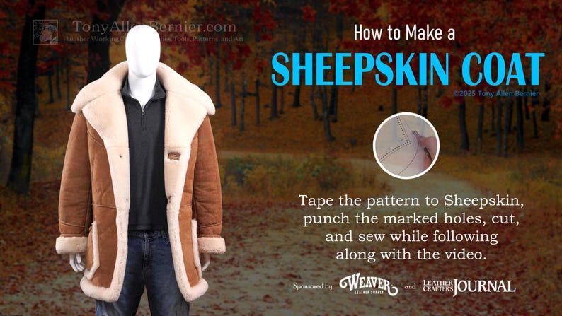 May include: A brown sheepskin coat with a cream-colored shearling lining and trim is displayed on a mannequin. The coat has a classic design with a wide collar and large pockets. Text on the image reads "How to Make a SHEEPSKIN COAT".