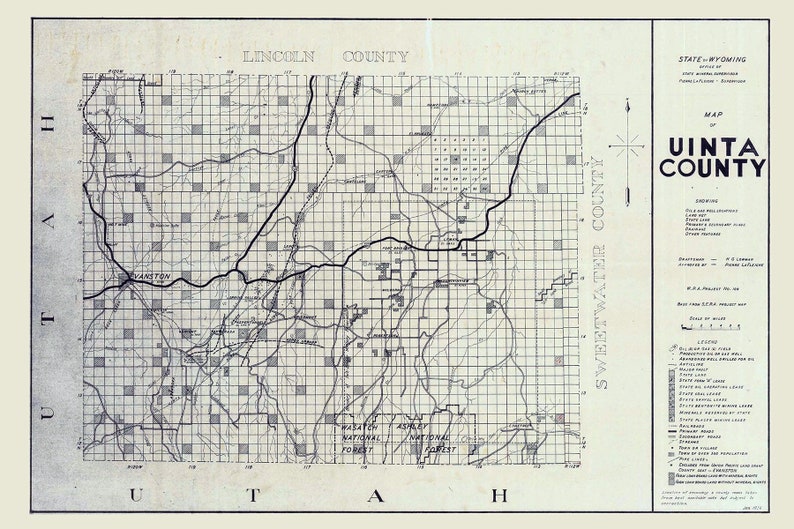1936 Map of Uinta County Wyoming Oil & Gas Well Locations Etsy